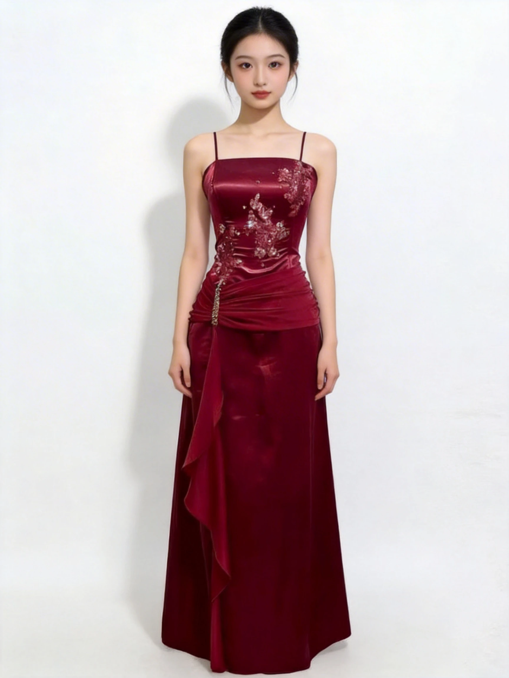 Vintage Burgundy Satin Chiffon Beaded Prom Dress Evening Dress Y8448