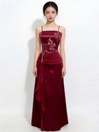 Vintage Burgundy Satin Chiffon Beaded Prom Dress Evening Dress Y8448