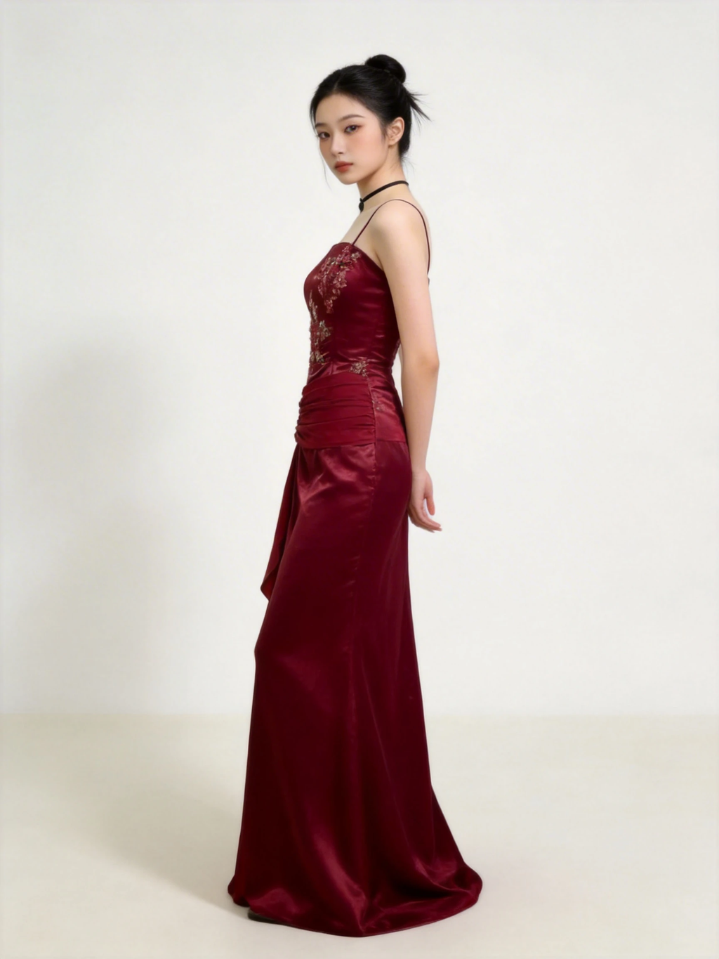 Vintage Burgundy Satin Chiffon Beaded Prom Dress Evening Dress Y8448