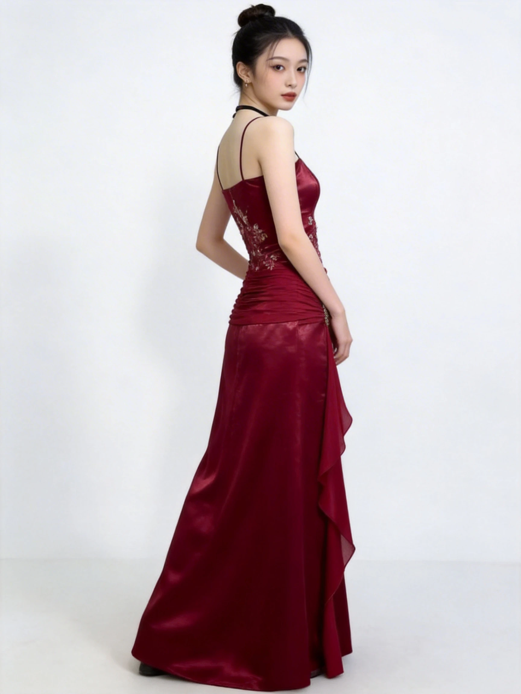 Vintage Burgundy Satin Chiffon Beaded Prom Dress Evening Dress Y8448