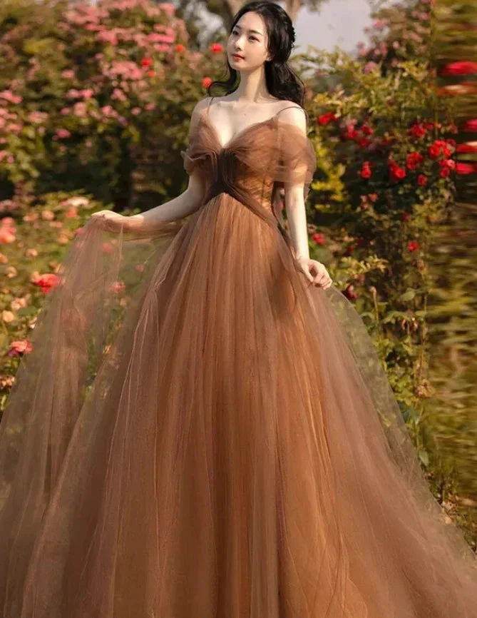 Beautiful A-line Tulle Straps Long Formal Gown Tulle Party Dresses Evening Dresses Y4643