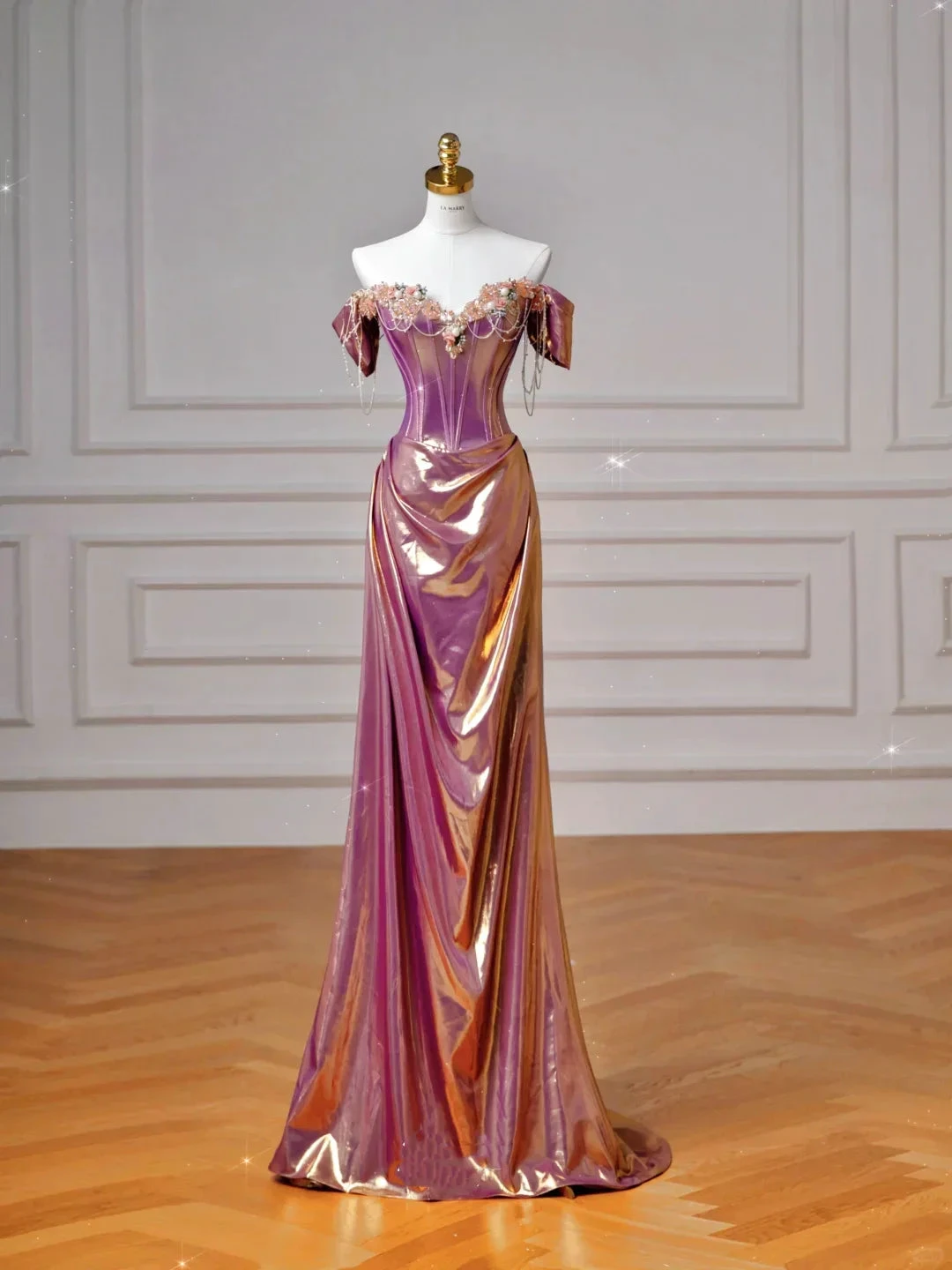 Classy Purple Satin Beaded Mermaid Prom Dress Off The Shoulder Long Evening Dress Y8605