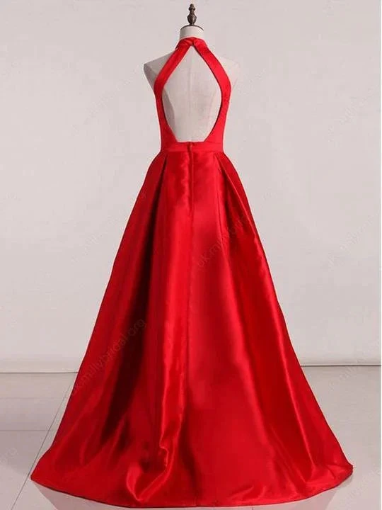 Sleeveless Halter Open Back Prom Dresses A Line Satin Evening Dresses Y941