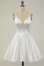 White Satin A-line Graduation Dress White Short Homecoming Dress Y1849