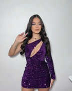 Purple Sequin One Sleeve Homecoming Dress Purple Party Dress Y4187