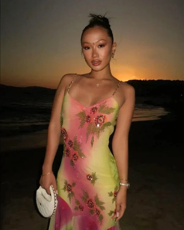 Pink Green Gradient Beaded Spaghetti Strap Chiffon Long Ruffled Evening Dress Party Prom Dress Y8495
