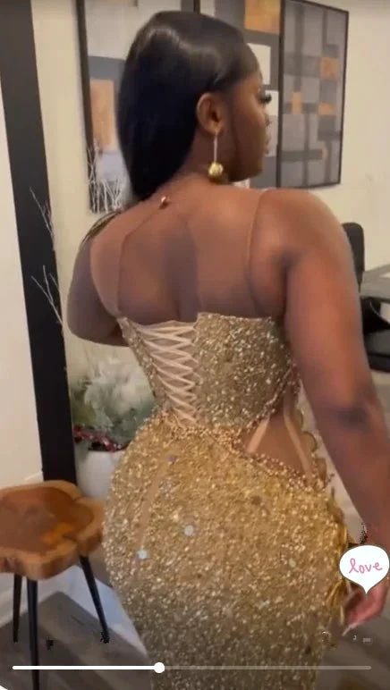 Luxurious Gold Sequins Appliques Evening Dress Mermaid Prom Dress Y7880