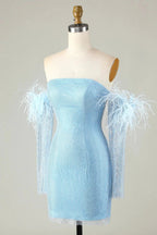 Blue Tight Beaded Short Homecoming Dress With Detachable Sleeves