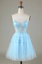 Cute A Line Spaghetti Straps Glitter Blue Short Homecoming Dress with Appliques