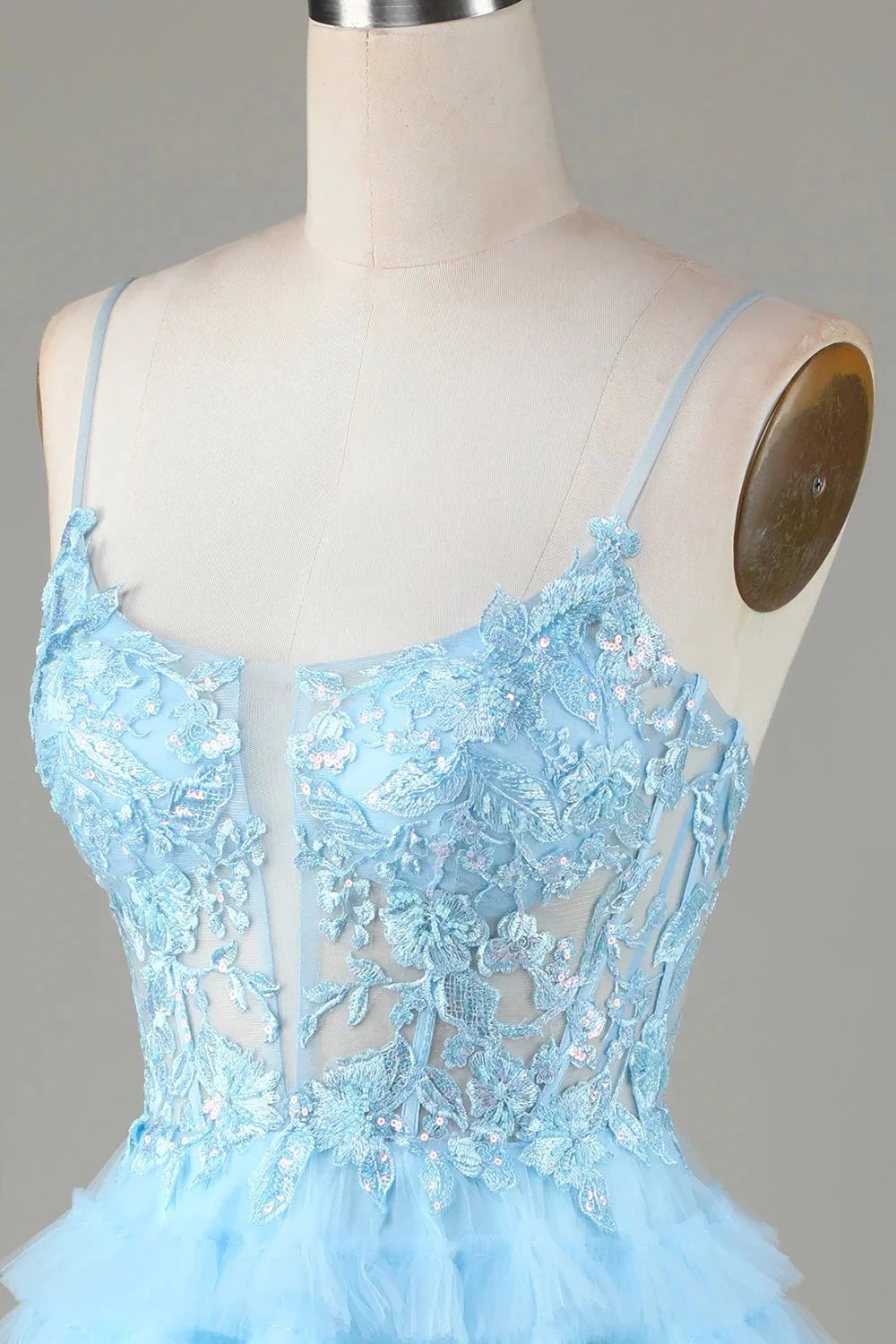 Cute A Line Spaghetti Straps Glitter Blue Short Homecoming Dress with Appliques