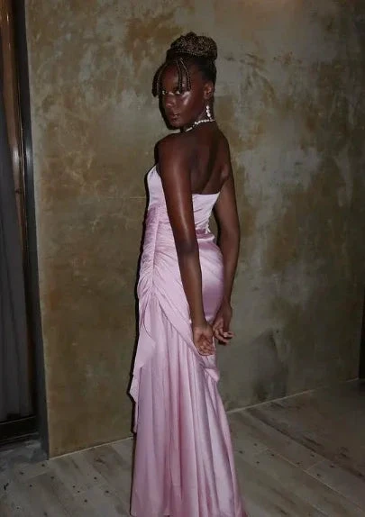 Pink Elegant Mermaid Evening Dress Strapless Pleated Prom Dress Y8126