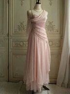 Pretty Pink Chiffon Sweetheart Spaghetti Straps Long Prom Evening Dress With Pearls Y8290