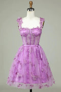 Cute Purple A Line Corset Short Homecoming Dress with Appliques