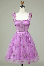 Cute Purple A Line Corset Short Homecoming Dress with Appliques