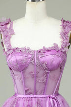 Cute Purple A Line Corset Short Homecoming Dress with Appliques