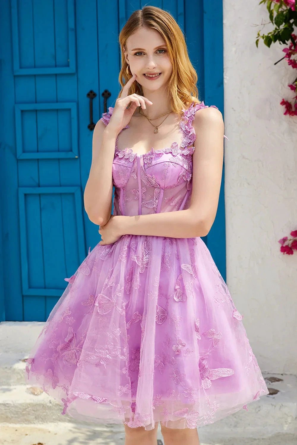Cute A Line Corset Short Purple Homecoming Dress with Appliques