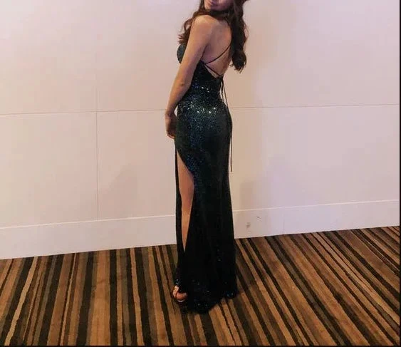 Sparkly Mermaid Spaghetti Straps Dark Green Sequins Long Prom Dresses With Split Formal Evening Gowns Y1460