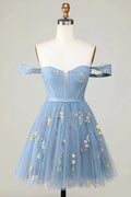 Cute Grey Blue A Line Sweetheart Short Homecoming Dress with Embroidery
