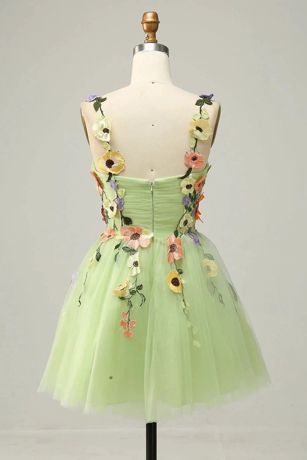 Champagne A Line Spaghetti Straps Short Homecoming Dress with Appliques
