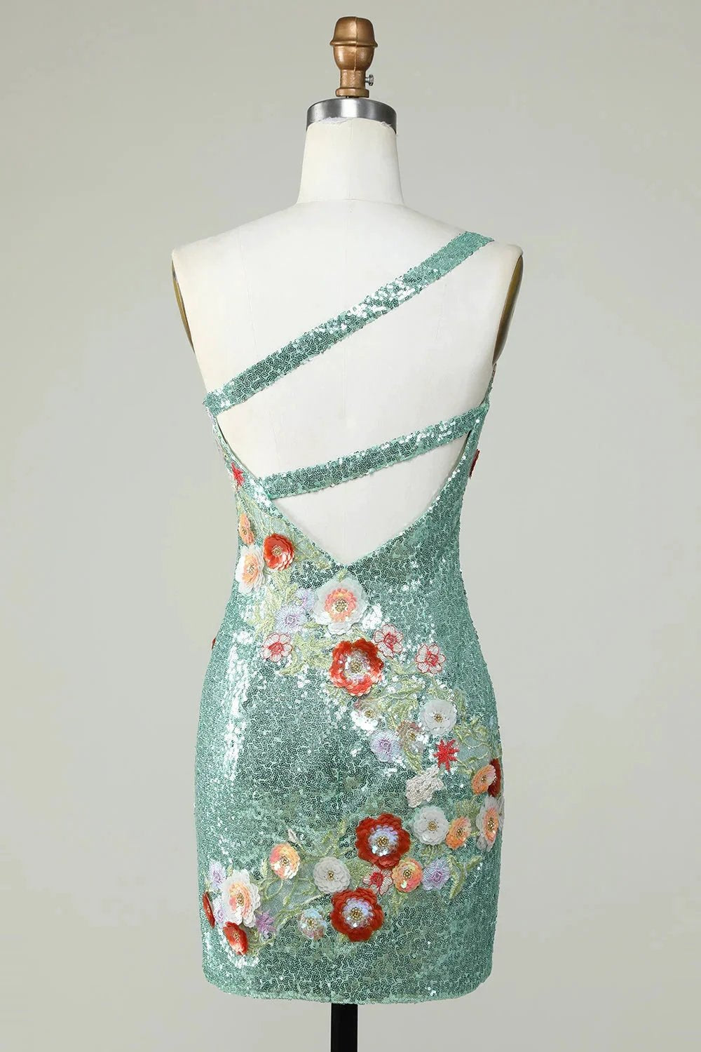 Bodycon One Shoulder Black Sequin Beading Homecoming Dress with 3d Flowers