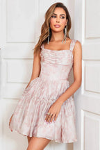 Cute Blush A Line Off The Shoulder Corset Pleated Unique Print Homecoming Dress with Ruffles