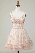 Champagne A-Line Corset Floral Short Homecoming Dress with Lace Up Back