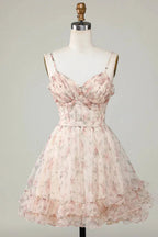 Champagne A-Line Corset Floral Short Homecoming Dress with Lace Up Back