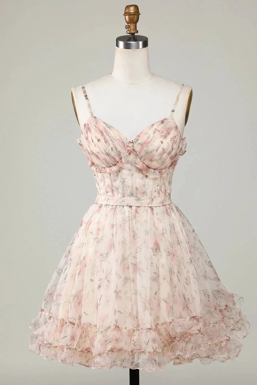 Champagne A-Line Corset Floral Short Homecoming Dress with Lace Up Back