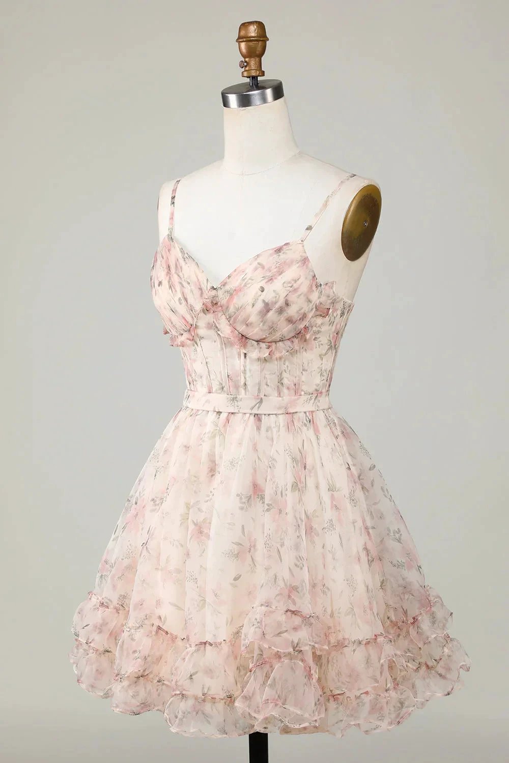 Champagne A-Line Corset Floral Short Homecoming Dress with Lace Up Back