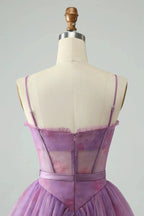 Cute Purple A Line Spaghetti Straps Print Corset Short Homecoming Dress