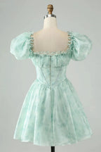 Cute Light Green A Line Square Neck Floral Short Homecoming Dress with Ruffles