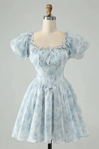 Cute Light Green A Line Square Neck Floral Short Homecoming Dress with Ruffles