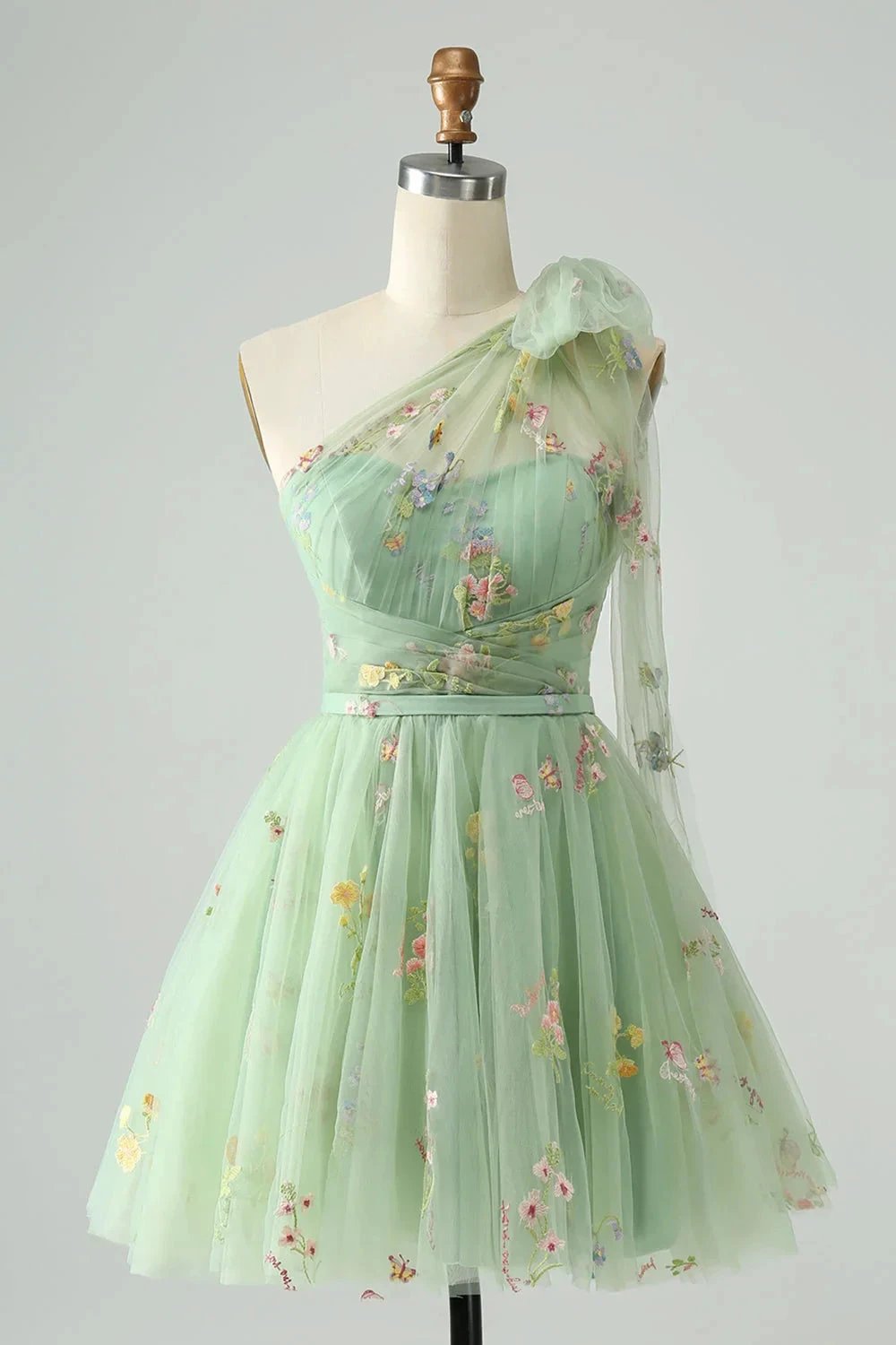 A Line One Shoulder Grey Blue Tulle Homecoming Dress with Floral Embroidery