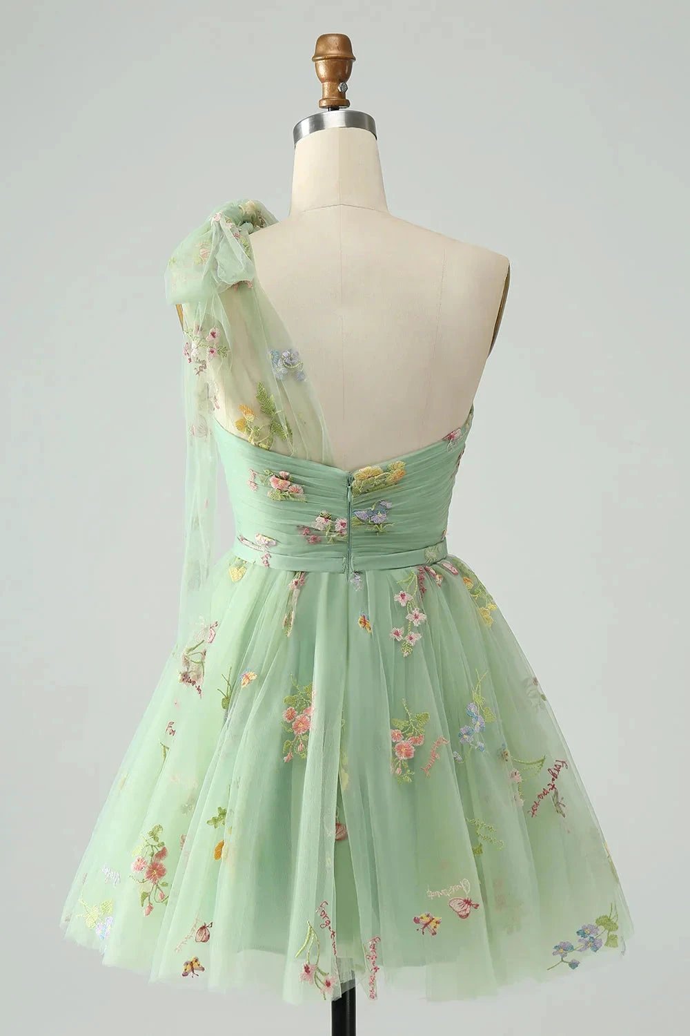 A Line One Shoulder Grey Blue Tulle Homecoming Dress with Floral Embroidery