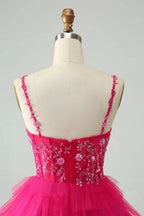Cute Fuchsia A Line Spaghetti Straps Tiered Short Homecoming Dress with Sequins