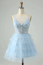 Cute Fuchsia A Line Spaghetti Straps Tiered Short Homecoming Dress with Sequins