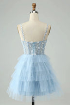 Cute Fuchsia A Line Spaghetti Straps Tiered Short Homecoming Dress with Sequins