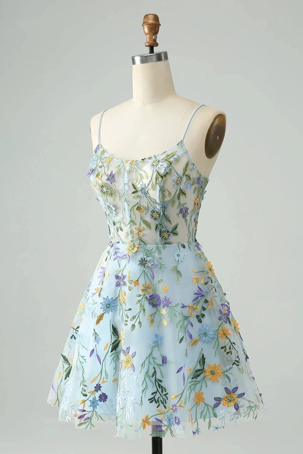 Blue Flower A Line Spaghetti Straps Corset Short Homecoming Dress with Embroidery