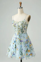 Blue Flower A Line Spaghetti Straps Corset Short Homecoming Dress with Embroidery