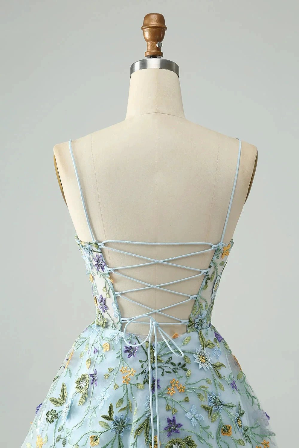 Blue Flower A Line Spaghetti Straps Corset Short Homecoming Dress with Embroidery