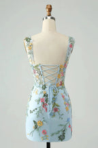 Blue Flower Mermaid Off The Shoulder Corset Short Homecoming Dress with Embroidery