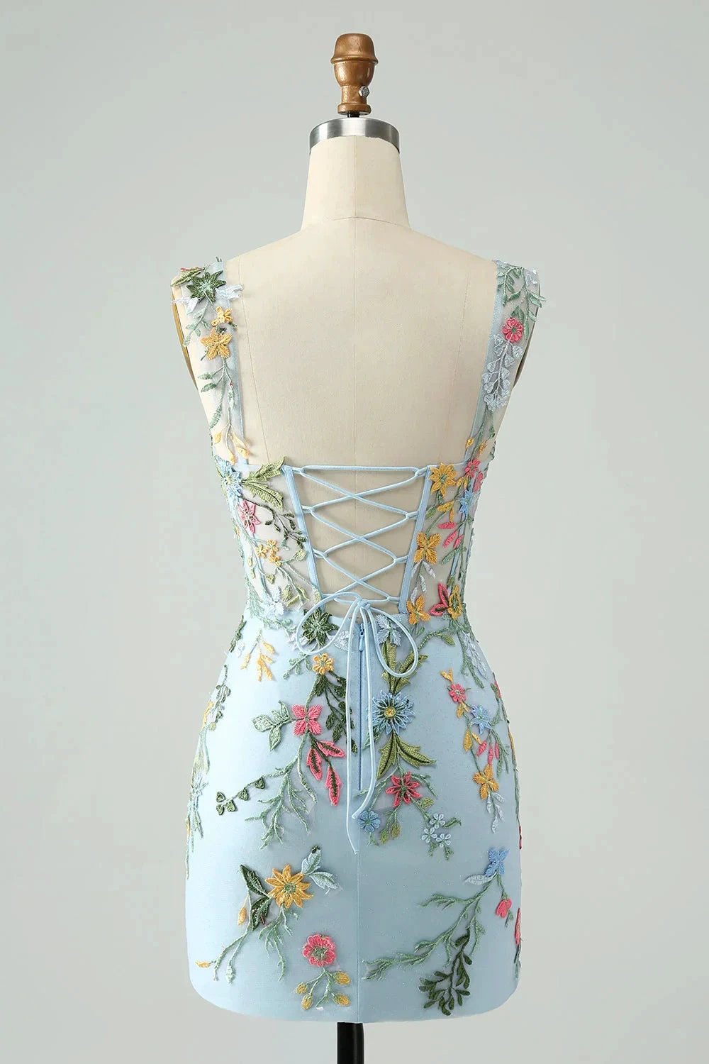 Blue Flower Mermaid Off The Shoulder Corset Short Homecoming Dress with Embroidery