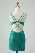 Classy Dark Green Bodycon Spaghetti Straps Corset Sequin Short Homecoming Dress