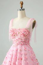 Cute Pink A Line Pearls Corset Short Homecoming Dress with Appliques Flower