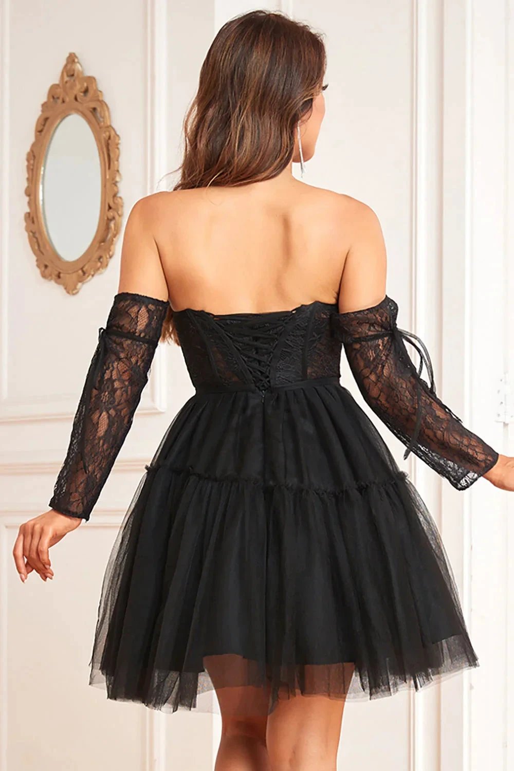 Black A-Line Corset Detachable Long Sleeves Homecoming Dress
