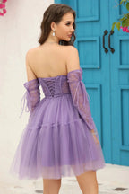Black A-Line Corset Detachable Long Sleeves Homecoming Dress