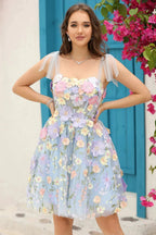 Blue A Line Spaghetti Straps Corset Homecoming Dress with 3D Flowers