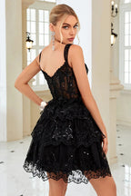 Cute A Line Corset Tiered Short Dark Blue Homecoming Dress with Lace