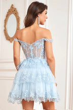 Cute A Line Corset Tiered Short Dark Blue Homecoming Dress with Lace