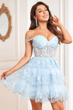 Cute A Line Corset Tiered Short Dark Blue Homecoming Dress with Lace
